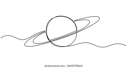 Um desenho de linha contínua do planeta. Saturno planeta em um desenho de linha. Plano de fundo do desenho de uma linha. Ilustração vetorial. Linha de arte do planeta, Planeta Saturno Contínuo. Vetor do sistema solar
