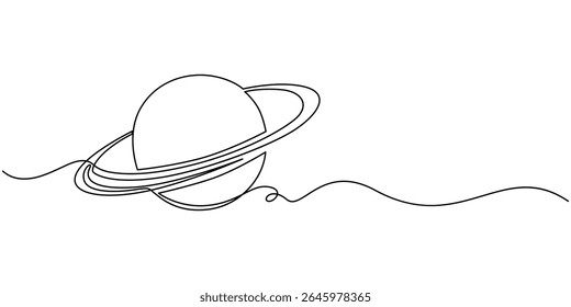 Um desenho de linha contínua do planeta. Saturno planeta em um desenho de linha. Plano de fundo do desenho de uma linha. Ilustração vetorial. Linha de arte do planeta, Planeta Saturno Contínuo. Vetor do sistema solar