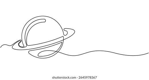Um desenho de linha contínua do planeta. Saturno planeta em um desenho de linha. Plano de fundo do desenho de uma linha. Ilustração vetorial. Linha de arte do planeta, Planeta Saturno Contínuo. Vetor do sistema solar