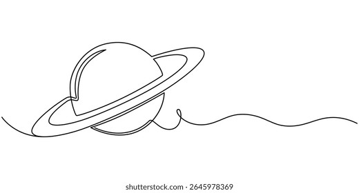 Um desenho de linha contínua do planeta. Saturno planeta em um desenho de linha. Plano de fundo do desenho de uma linha. Ilustração vetorial. Linha de arte do planeta, Planeta Saturno Contínuo. Vetor do sistema solar