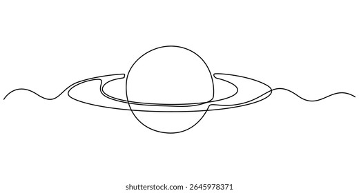Um desenho de linha contínua do planeta. Saturno planeta em um desenho de linha. Plano de fundo do desenho de uma linha. Ilustração vetorial. Linha de arte do planeta, Planeta Saturno Contínuo. Vetor do sistema solar