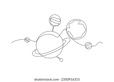 Un dibujo de línea continua de planetas, estrellas, asteroides y cometas en el espacio exterior. Concepto de galaxia. Ilustración del vector Doodle en un estilo lineal simple. 