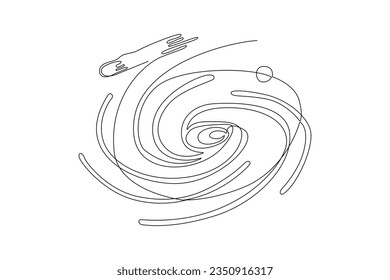 One continuous line drawing of Planets, stars, asteroids, and comets in outer space. Galaxy concept. Doodle vector illustration in simple linear style. 