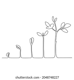 One continuous line drawing Plant growth process. Isolated on white background. Vector illustration.