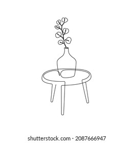 Un plano continuo de la planta de eucalipto en jarrón sobre la mesa. Chalet de contorno lineal para decoraciones de interiores caseros de estilo loft de moda silueta de contorno. Ilustración de Doodle Vector