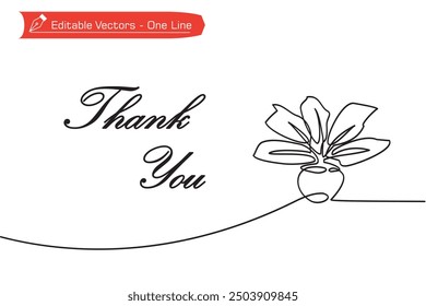 One continuous line drawing of plant in pot and thank you letter for floral theme greeting card. Vector illustration of one line potted plant and floral theme thank you letter glamorous feel.