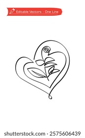 One continuous line drawing of plant stem with leaves and flowers framed by heart. Vector illustration of simple one line hand drawn design of flowers, leaves and hearts. Luxury design of flower love.