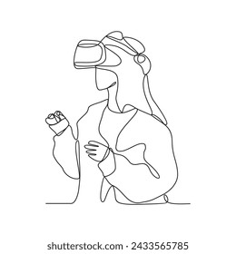 One continuous line drawing of 
is playing with virtual reality technology vector illustration. virtual reality technology design in simple linear style vector concept. Suitable for asset design.