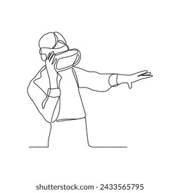 Eine durchgehende Zeichnungslinie 
ist ein Spiel mit Virtual-Reality-Technologie Vektor-Illustration. Virtual-Reality-Technologie-Design im einfachen linearen Stil Vektor-Konzept. Geeignet für Asset Design.