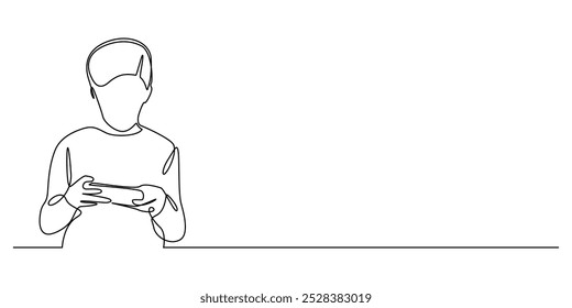 one continuous line drawing playing mobile phone games.one line drawing of a child playing mobile phone games in a horizontal position.single line vector illustration.isolated white background