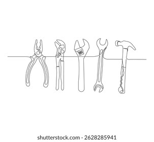 One continuous line drawing of pliers, screwdriver, wrench. single line illustration of mechanical tools. editable outline