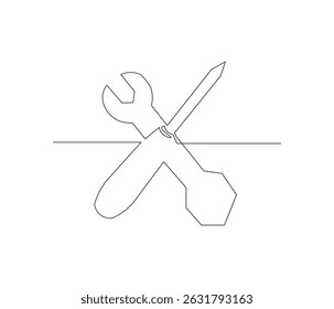 One continuous line drawing of pliers, screwdriver, wrench, hammer. single line illustration of mechanical tools. editable outline