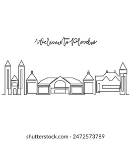 One continuous line drawing of Plovdiv skyline vector illustration. Modern city in Europe in simple linear style vector design concept. One big city in Bulgaria. Iconic architectural building design.