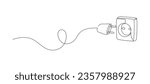 One continuous line drawing of plug inserting into electric outlet. Power socket energy disconnect in simple linear style. Concept of 404 error connection. Editable stroke. Doodle vector illustration