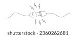 One continuous line drawing of plug inserting into electric outlet. Power socket disconnect in simple linear style. Concept of 404 error connection. Editable stroke. Contour Vector illustration