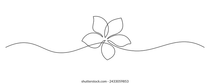 One continuous line drawing of Plumeria flower. Frangipani blossom with petals for floral tattoo in simple linear style. Plant pattern for wedding in Editable stroke. Outline vector illustration