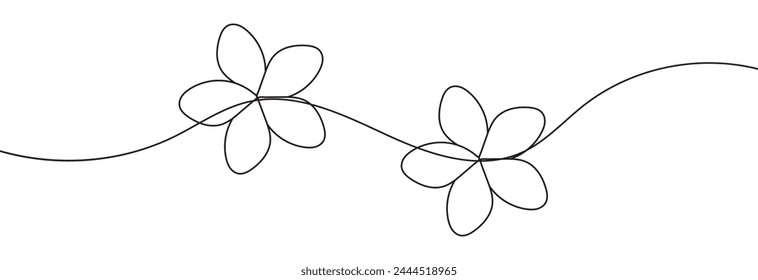 One continuous line drawing of Plumeria flower. Frangipani blossom with petals for floral tattoo in simple linear style. Plant pattern for wedding in Editable stroke. vector illustration. EPS 10