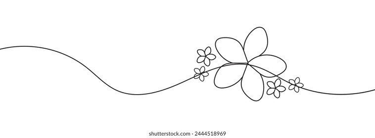 One continuous line drawing of Plumeria flower. Frangipani blossom with petals for floral tattoo in simple linear style. Plant pattern for wedding in Editable stroke. vector illustration. EPS 10