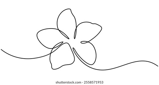 One continuous line drawing of Plumeria flower. Frangipani blossom with petals for floral tattoo in simple linear style. Plumeria flower continuous one line art style vector illustration.