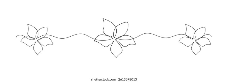 One continuous line drawing of Plumeria flower. Frangipani blossom with petals for floral tattoo in simple linear style. Plant pattern for wedding in Editable stroke. vector illustration. EPS 10 .
