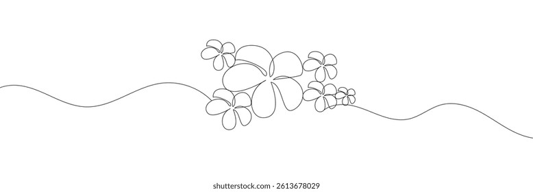 One continuous line drawing of Plumeria flower. Frangipani blossom with petals for floral tattoo in simple linear style. Plant pattern for wedding in Editable stroke. vector illustration. EPS 10 .