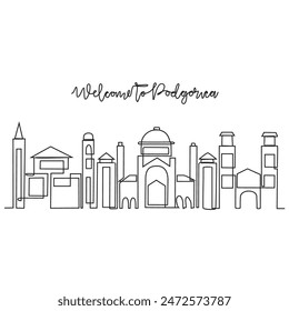 One continuous line drawing of Podgorica skyline vector illustration. Modern city in Europe in simple linear style vector design concept. One big city in Montenegro. Iconic architectural building.