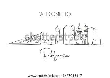 One continuous line drawing of Podgorica city skyline, Montenegro. Beautiful landmark. World landscape tourism travel wall decor poster print art. Stylish single line draw design vector illustration