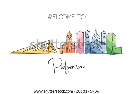 One continuous line drawing of Podgorica city skyline, Montenegro. Beautiful landmark. World landscape tourism travel wall decor poster print art. Stylish single line draw design vector illustration
