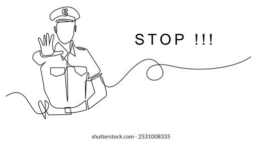 Un dibujo de línea continua de la policía con el gesto de parada. Un dibujo de línea de la policía con el gesto de parada en la mano. Ilustración vectorial de una sola línea de la policía que detiene el vehículo. fondo blanco aislado