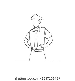 One continuous line drawing of a policeman in uniform and hat vector design illustration. Justice themes design in simple linear style concept. Suitable for your asset design and education purpose.
