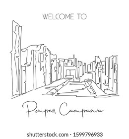 One continuous line drawing Pompeii classical Roman city landmark. Historical skyline at Naples, Italy. Holiday vacation wall decor poster concept. Trendy single line draw design vector illustration