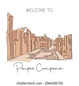 One continuous line drawing Pompeii classical Roman city landmark. Historical skyline at Naples, Italy. Holiday vacation wall decor poster concept. Trendy single line draw design vector illustration