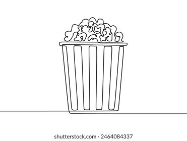 one continuous line drawing of popcorn isolated on white background. Fast Food minimalism concept vector illustration.