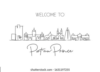 One continuous line drawing of Port au Prince city skyline, Haiti. Beautiful landmark home wall decor poster print. World landscape tourism travel vacation. Single line draw design vector illustration