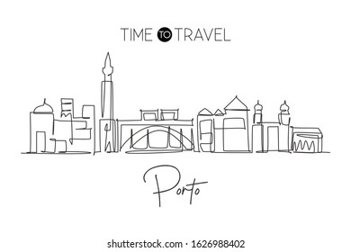 One continuous line drawing of Porto city skyline, Portugal. Beautiful landmark. World landscape tourism and travel vacation poster. Editable stylish stroke single line draw design vector illustration