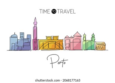 One continuous line drawing of Porto city skyline, Portugal. Beautiful landmark. World landscape tourism and travel vacation poster. Editable stylish stroke single line draw design vector illustration