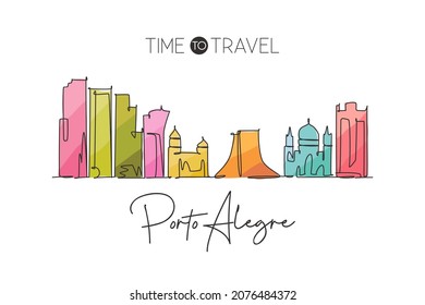 One continuous line drawing of Porto Alegre city skyline, Brazil. Beautiful landmark. World landscape tourism and travel vacation. Editable stylish stroke single line draw design vector illustration