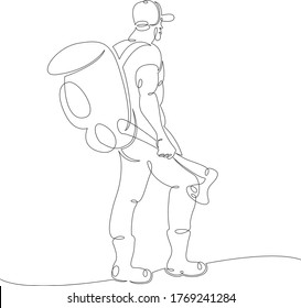 One continuous line  drawing portrait of a bearded man. A tourist in a baseball cap with a backpack and an ax. Single line hand drawn art doodle outline isolated.  Flat minimal illustration cartoon character.