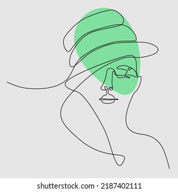 
Ein durchgehendes Zeichenporträt einer jungen Frau in einem Hut, Mütze, Baseballkappe. Einhandgezeichnete Linie Kunstdoodline einzeln auf minimaler Illustration, Cartoon-Charakter