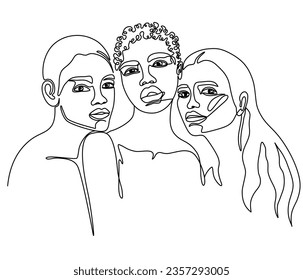 Una línea continua de retrato de mujeres. Las mujeres africanas se enfrentan a una línea de arte continua. Caras diversas femeninas. Trazo editable. Ilustración de vector de contorno