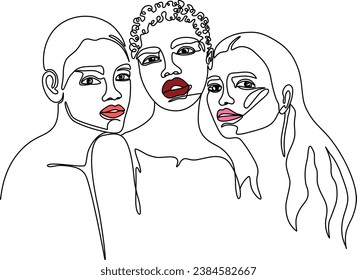 One continuous line drawing of portrait of women. African woman face continuous line art. Multicultural and multiethnic women. Female diverse faces. Editable stroke. Outline vector illustration