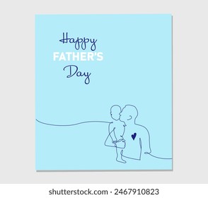 One continuous line drawing post card for Happy Father Day. Vector illustration hugs of a father with a child on blue background