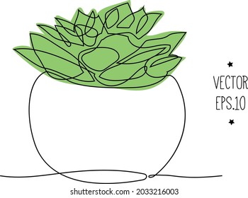 One Continuous Line Drawing Potted Green Succulent House Plant Minimalist Illustration