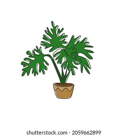 One continuous line drawing of potted tropical leaf plant. Printable decorative philodendron selloum houseplant concept for home wall decor. Modern single line draw design vector graphic illustration