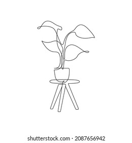 One continuous line drawing of potted flower on the table. Linear contour houseplant for home interior decorations of trendy scandinavian style contour lines. Doodle Vector illustration