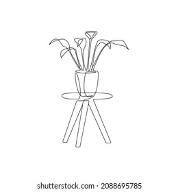 One Continuous Line Drawing Of Potted Flower On The Table. Linear Thin Houseplant For Home Interior Decorations Of Trendy Loft Style Contour Silhouette. Doodle Vector Illustration