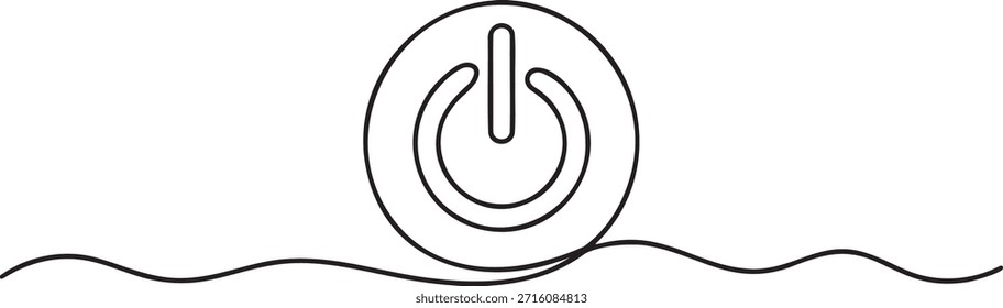 Um desenho em linha contínua de um ícone do botão liga/desliga. Símbolo de ligar e desligar para dispositivos eletrônicos. Controle de energia e conceito de start-up. Elemento de interface do usuário para tecnologia. Ilustração vetorial moderna de um sinal de potência universal, representando ativação ou desativação.