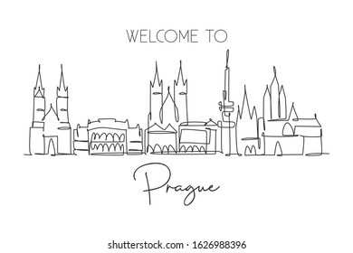 One continuous line drawing of Prague city skyline, Czech Republic. Beautiful landmark. World landscape tourism and travel vacation. Editable stylish stroke single line draw design vector illustration