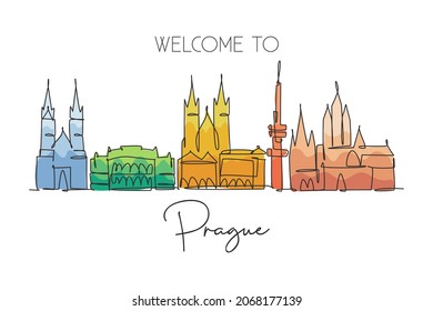One continuous line drawing of Prague city skyline, Czech Republic. Beautiful landmark. World landscape tourism and travel vacation. Editable stylish stroke single line draw design vector illustration