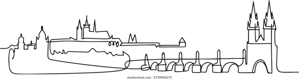One continuous line drawing of Prague city skyline, Czech Republic. Beautiful landmark. World landscape tourism and travel vacation. one line Icon drawing
